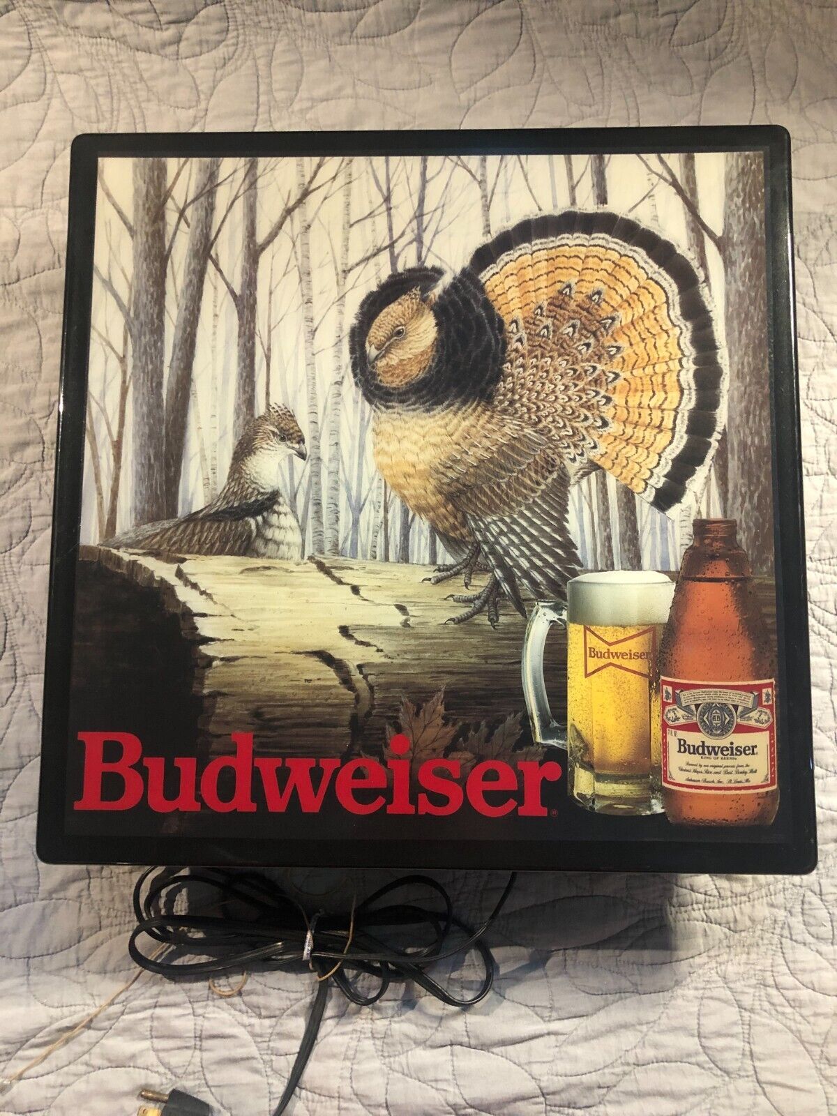 Vintage 1988 Budweiser Beer Ruffed Grouse Hunting Lighted Sign 18”x18” KCS
