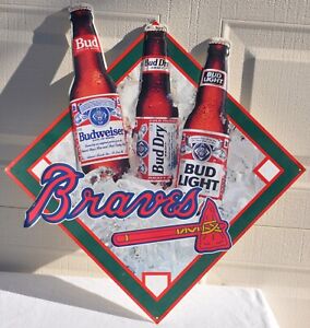 Rare Vintage Budweiser Beer Atlanta Braves Baseball Diamond Advertising Sign Old