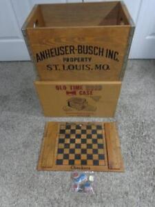 NOS BUDWEISER ANHEUSER BUSCH WOOD CASE CRATE IN BOX w/ CHECKERS LID 24 BEER CAPS