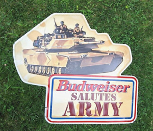 VINTAGE 1994 BUDWEISER TANK METAL BIG SIGN SALUTES ARMY DESERT STORM TIN TACKER