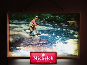 Killer 1950s Vtg Michelob Lighted Beer Bar Sign Fly Fishing Creel Net Rod Fish