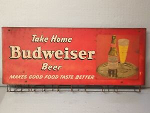 VINTAGE 1950'S TAKE HOME A BUDWEISER BEER SHOPPING BAG RACK STORE METAL SIGN