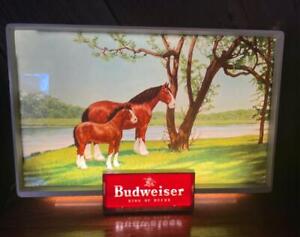 VINTAGE 1950'S BUDWEISER BEER ELECTRIC LIGHTED GLASS CLYDESDALE MARE FOAL WORKS