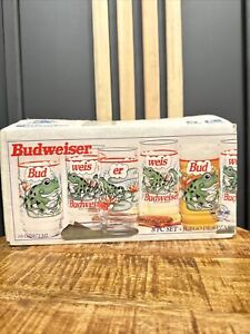 Vtg 1995 Budweiser frog drinking glasses 16 oz in orig box set of 8 Anheuser