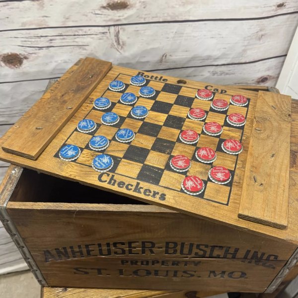 Budweiser Wood Beer Crate Box Checker Board w Caps Anheuser-Busch Since 1876