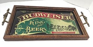 Budweiser King of Beers Tray Vintage Glass Framed Wagon & Clydesdales 19.5 x 11