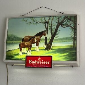 Vintage 1950s Budweiser Beer Lighted Sign Clydesdale Mare & Foal Horses GLASS