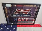 Vtg Budweiser Here's to the Heroes Navy Beer Mirror Sign Proud to Serve 25