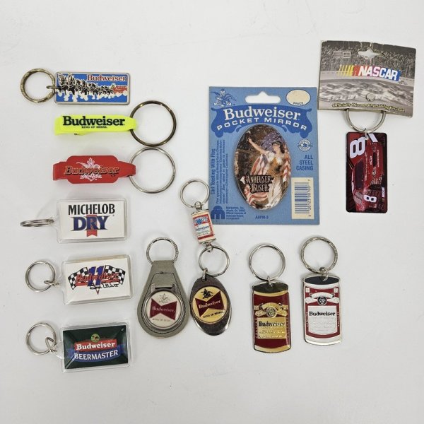 Vintage Budweiser Keychains Lot 12 Pieces Beer Opener Pocket Mirror Nascar