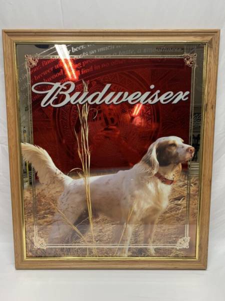 Vtg 2001 LARGE BUDWEISER BEER ENGLISH SETTER MIRROR SIGN HUNTING DOG - 33" X 28"
