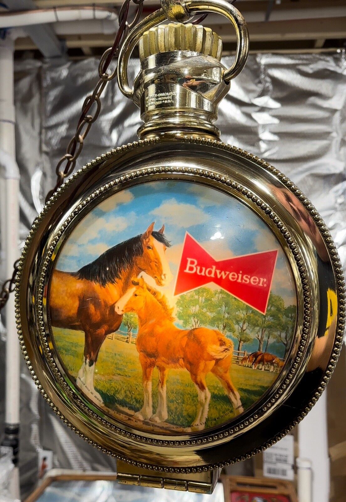 Vintage Budweiser Beer Lighted Spinning Rotating Pocket Watch Sign W/Fob