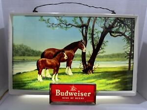 Vintage 1950s Budweiser Beer Lighted Sign Clydesdale Mare & Foal Horses WORKS