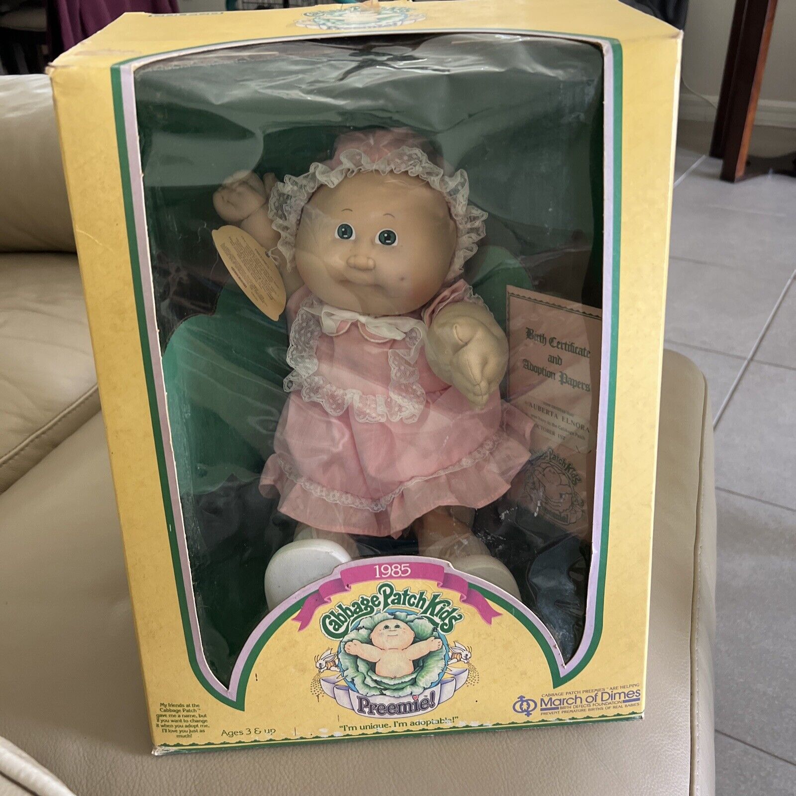 1985 CABBAGE PATCH KIDS PREMIE DOLL Auberta Elnora BOX W PAPERS ! March Of Dimes
