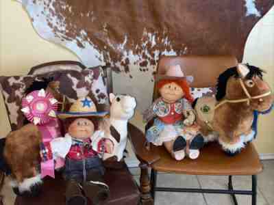 Vintage Cabbage Patch Dolls Country Western Rodeo Couple W/ Horses Boots EUC