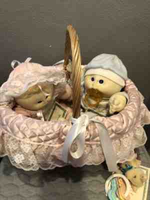 1985 Xavier Roberts Cabbage Patch Kids Twin Preemie Edition in basket SIGNED