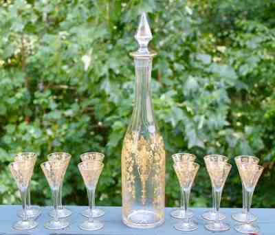 Set of 12 Cambridge Rose Point Gold Encrusted Cordial Glass 7966 and Decanter 