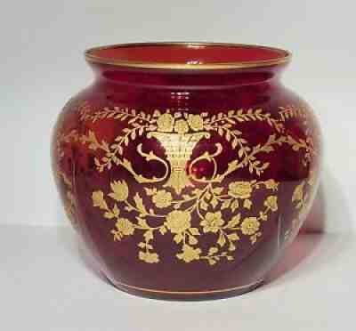 Vintage Cambridge Etched Carmen Red Glass Vase w Encrusted Gold