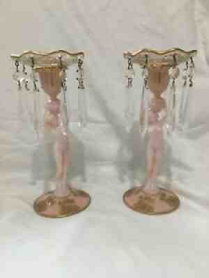 Cambridge PINK Crown Tuscan Nude Candlesticks ~ Portia Bobeche / Base ~ Prisms