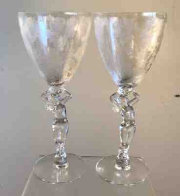 VINTAGE CAMBRIDGE GLASS 2 ETCHED GLORIA SAUTERNE GLASSES NUDE STEMS STATUESQUE