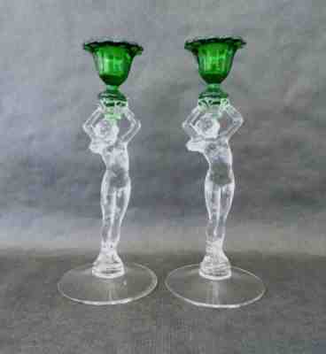 PAIR Vintage CAMBRIDGE Glass NUDE Statuesque CANDLESTICK Crystal with Green