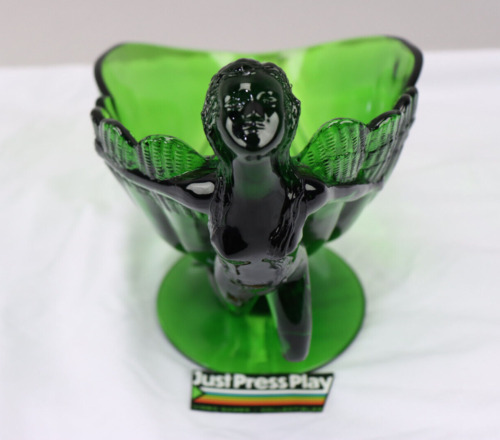 RARE Cambridge Glass Flying Nude Lady Forest Green Fruit Bowl Sea Shell Pedestal