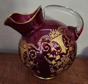 Cambridge Glass CARMEN & GOLD PORTIA Encrusted Etched Ball Pitcher  Rare 1930s.