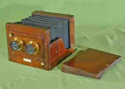 Rare London Stereoscopic Stereo Whole Plate Tailboard Camera Mahogany Brass 1882