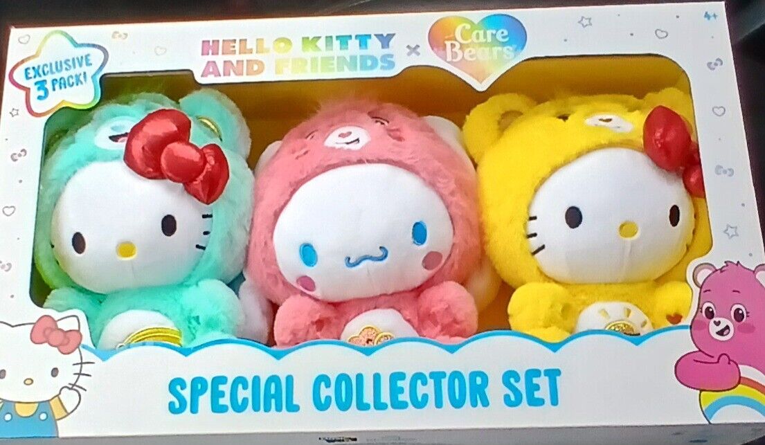 Hello Kitty & Friends X Care Bears (Blue, Pink, Yellow) Collectors Plush Set
