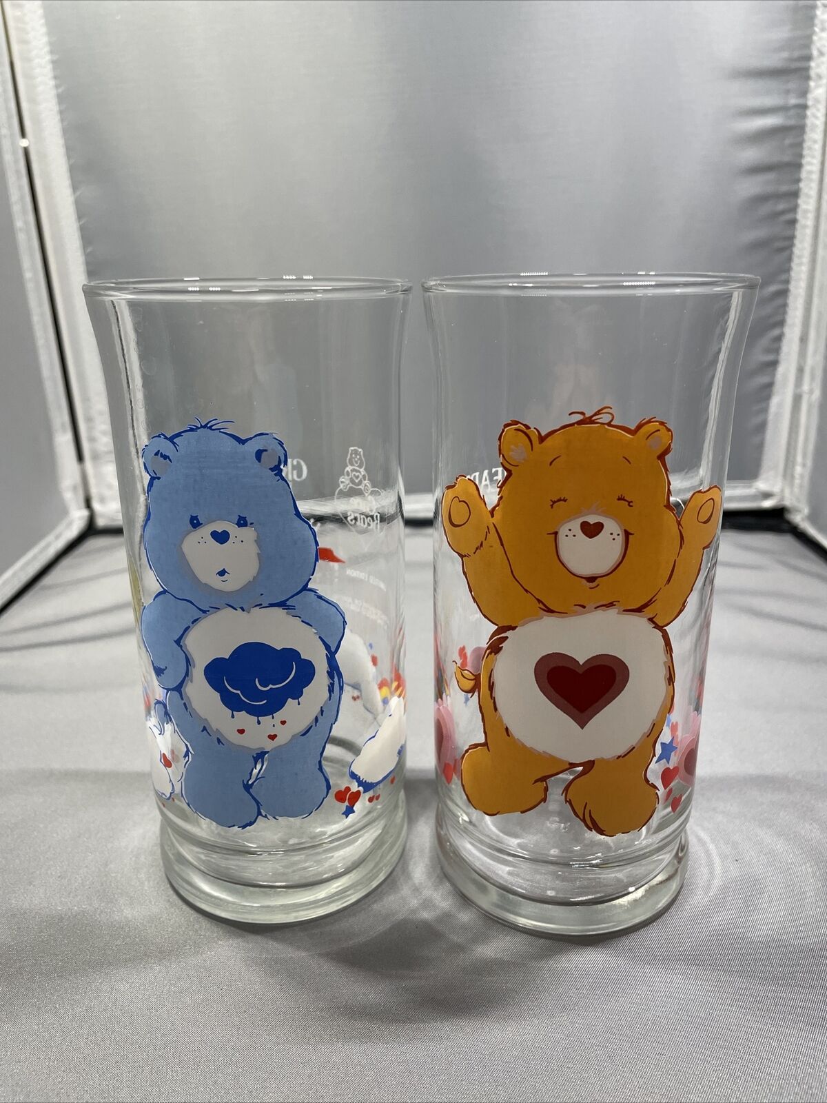 Care Bear Glass Set Grumpy And Tender Heart 1983 Pizza Hit VTG
