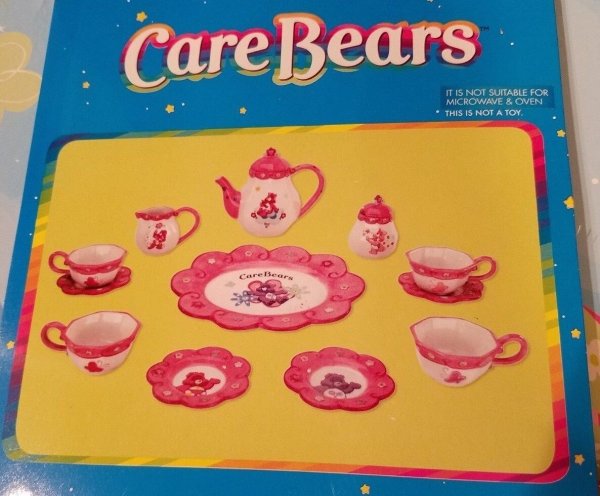 Care Bears Tea Set Brass Key Keepsakes 12 Pc Set w/ Cups, Saucers, Platter -RARE