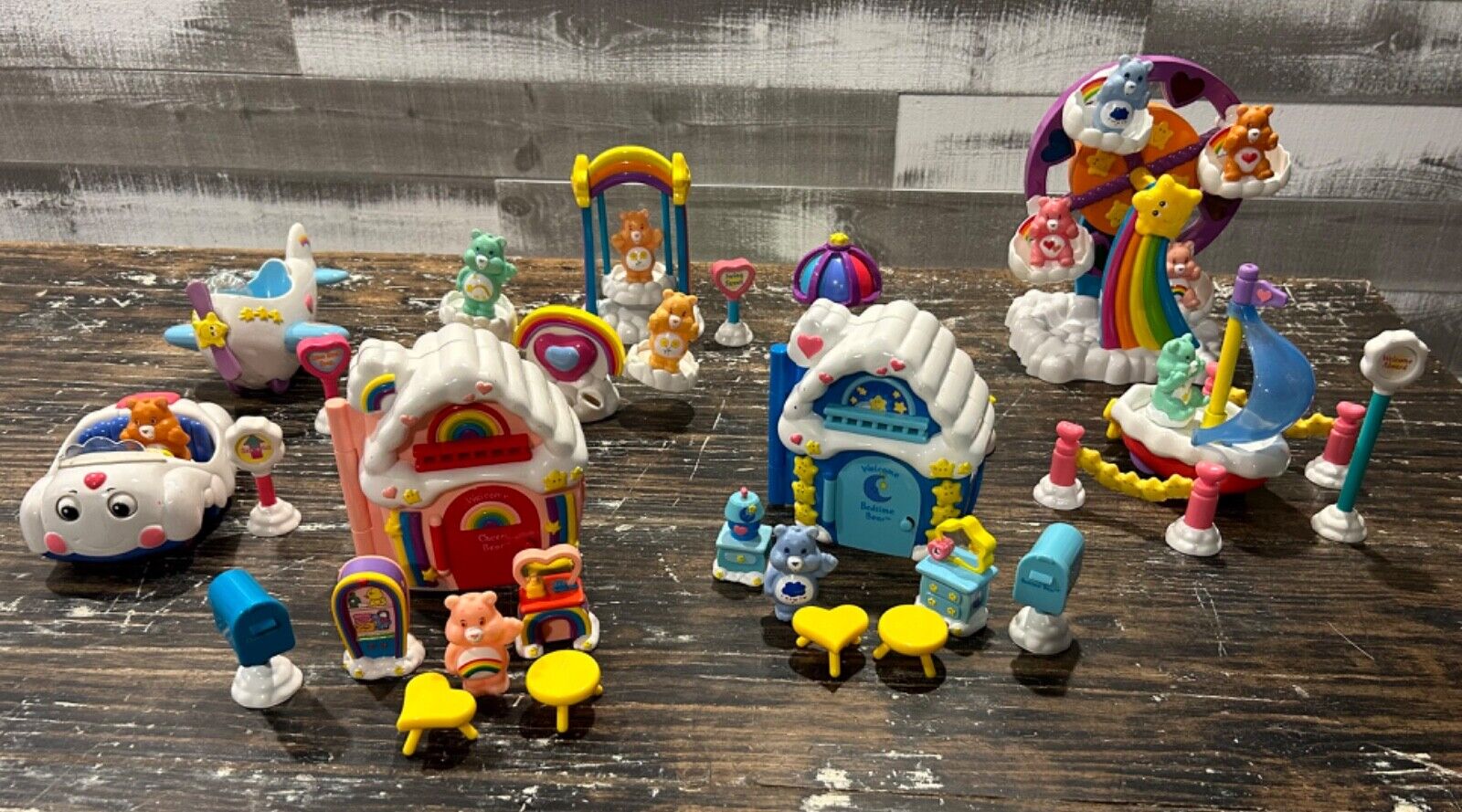 Vtg 12 Care Bears Lot House Playset Ferris Wheel Car Swing Boat Plane Set 39 Pcs