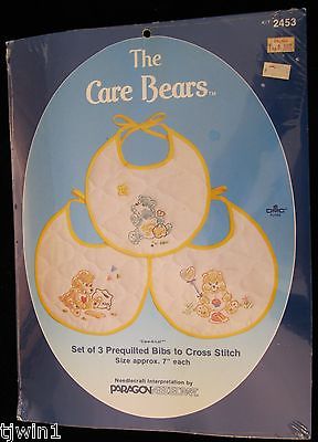 THE CARE BEARS SET OF 3 PREQUILTED BIBS TO CROSS STITCH #2453 NEW KIT BY PARAGON