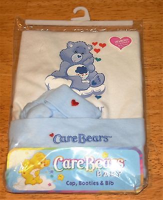 CARE BEARS Baby CAP BOOTIES BIB SET NB 0-3M GRUMPY White/Blue NEW #5353-0445