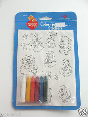 Vintage Rare Unused Care Bear Cousins Color Your Own Stickers Set Crayons 1985