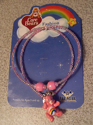 CHEER BEAR Bear Shape Charm Care Bears Necklace PINK SPARKLE Beads New 2002