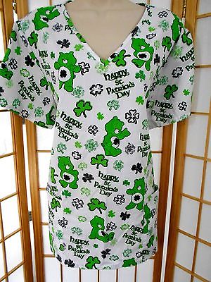 CARE BEARS Size Large XL CUTE St. Patrick's Day Medical Scrubs Top NWOT