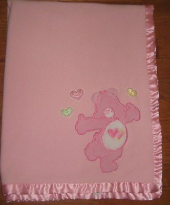 Pink Love A Lot Care Bear Baby Girl Blanket Satin trim hearts raised ears