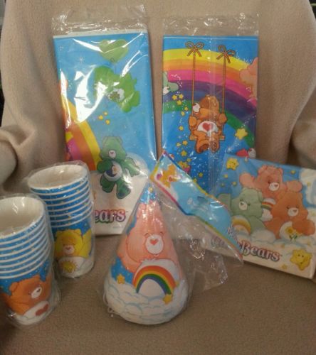 Vintage Care Bears Birthday Party Supplies LOT Table Cloth Napkins Cups Hats NEW
