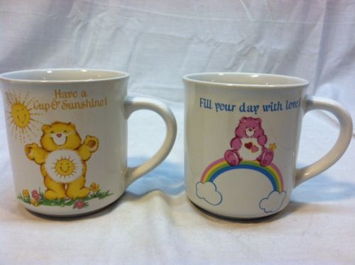 Two Vintage stoneware Care Bear Coffee Cups Mugs Rainbow sunshine