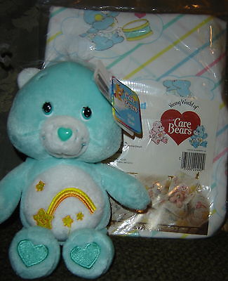 Vtg. Care Bears Baby Hugs/Baby Tugs Curity Crib Sheet NIP & WISH BEAR Plush Toy!