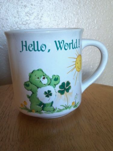Vintage Care Bear Mug American Greetings Hello World Green Clover Good Luck 