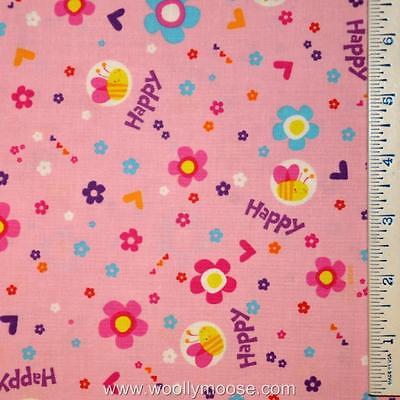 HALF YARD OOP Care Bears Bumble Bees Flowers Happy Days Hearts PINK Fabric