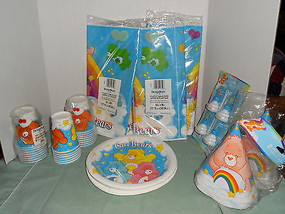 VTG. LOT OF CARE BEAR TABLE CLOTHS CUPS PLATES HATS PARTY FAVOR MOST ARE NIP