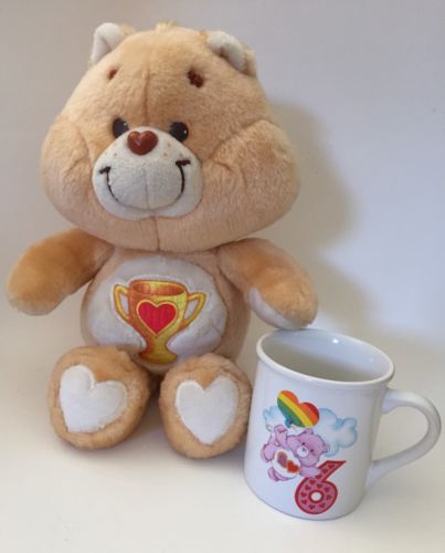 Vintage Care Bears Champ Plush (1985) and 6 Coffee Mug 80s Rainbow Gift
