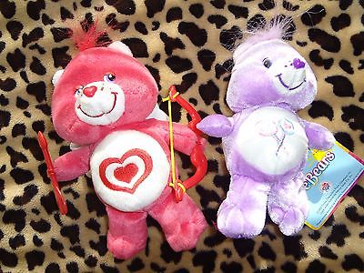 LOT OF TWO 2 CAREBEAR TOYS STUFFED ANIMALS FROM 2003 & 2005 PINK & PURPLE LOVE !