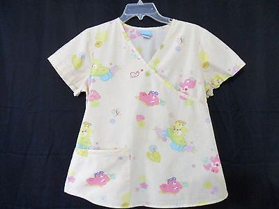 Care Bears Women's Size Medium Yellow Fitted Scrub Top Elastic Back 100% Cotton