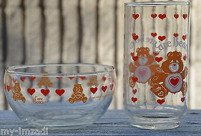 Vintage 1984 TENDERHEART Care Bear Matching Clear GLASS & BOWL Set Red Hearts