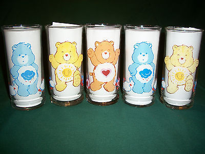 Five (5) 1983 Pizza Hut Care Bear Drinking Glasses; Grumpy, Funshine, Tenderhear