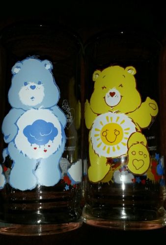 Care Bears Grumpy & Funshine Glass Cup Vintage 1983 Pizza Hut Collectible 80s 
