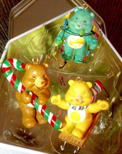 2003 Carlton Cards Set of 3 Care Bears Christmas Tree Ornaments in Metal Tin NEW